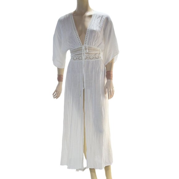 BLUE RAIN Women's Swimsuit Cover Ivory Dolan Sleeve Tie Crochet Waist Size XS - Picture 1 of 11